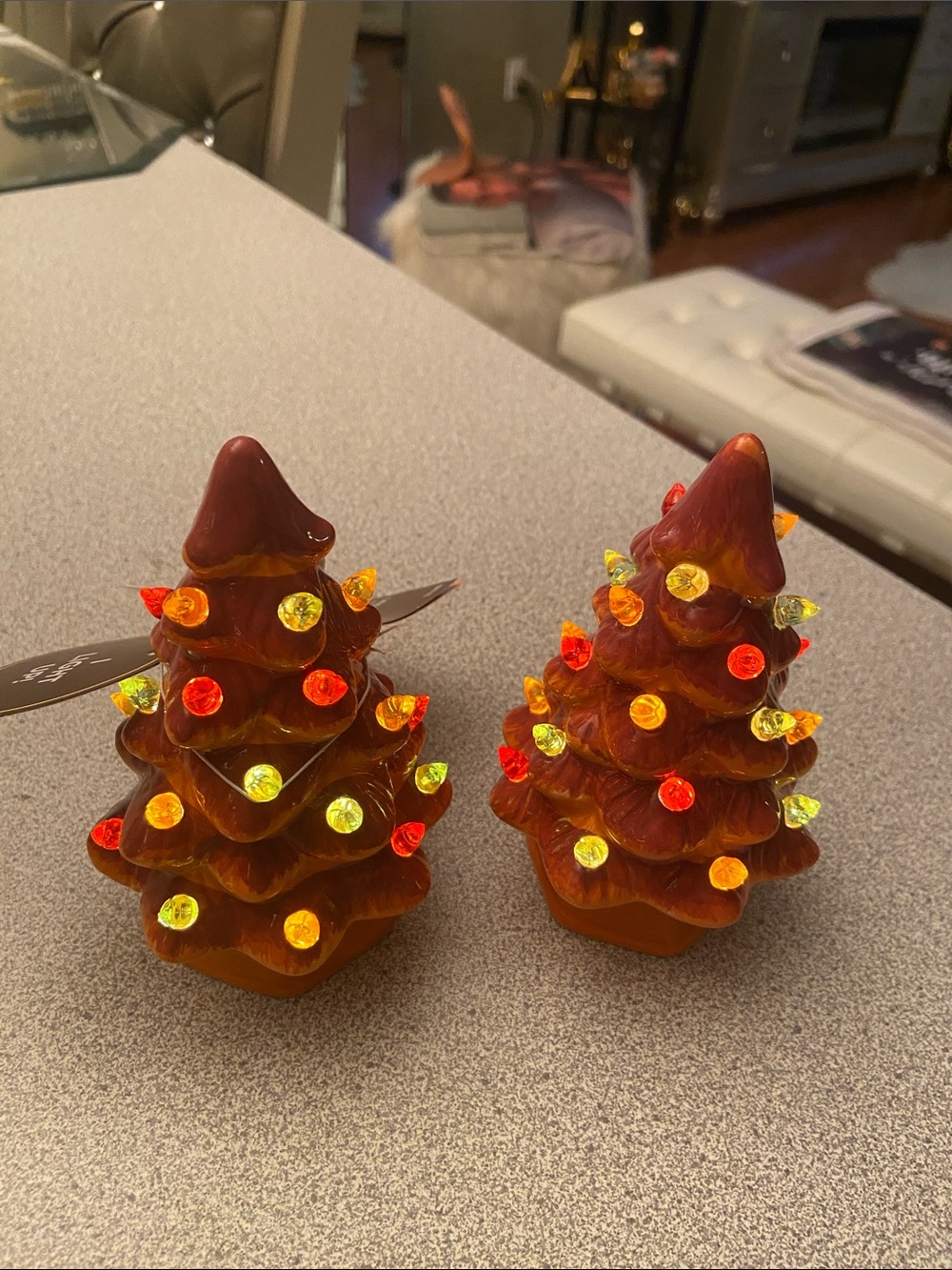 Amber Ceramic Holiday Tree Figurines with Multicolor Lights - Set of 2